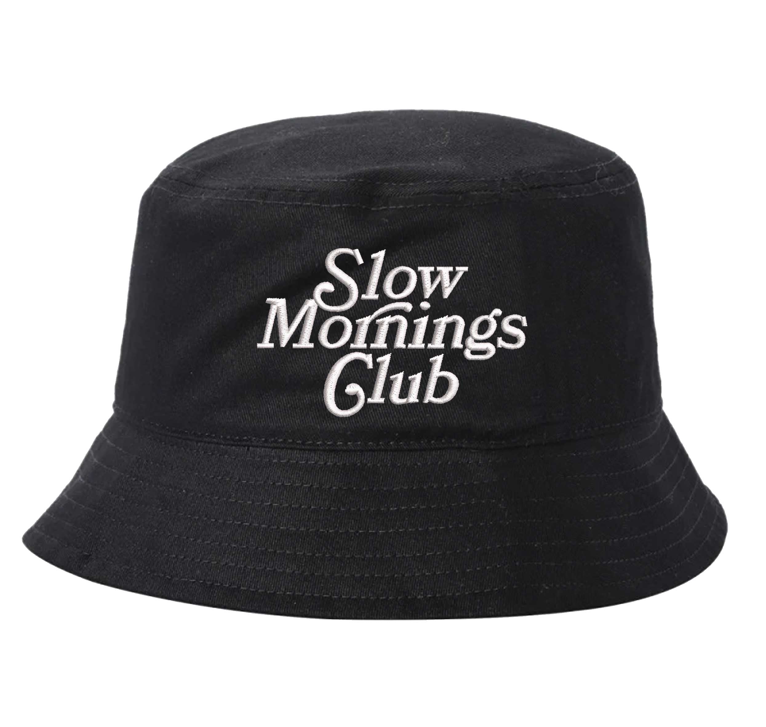 Black Front view of a classic cotton bucket hat featuring the phrase "Slow Morning" in high-density script embroidery. - DSY Lifestyle