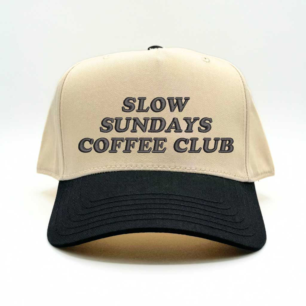 Natural Black Slow Sunday Coffee Club Two-Tone 5-Panel Embroidered Baseball Hat with stylish stitching, a structured fit, and an adjustable hook-and-loop closure—DSY Lifestyle