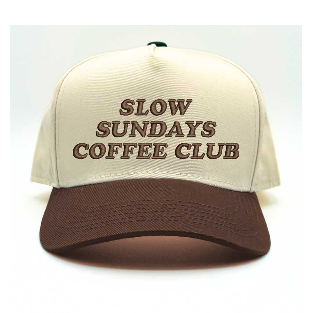 Natural Brown Slow Sunday Coffee Club Two-Tone 5-Panel Embroidered Baseball Hat with stylish stitching, a structured fit, and an adjustable hook-and-loop closure—DSY Lifestyle