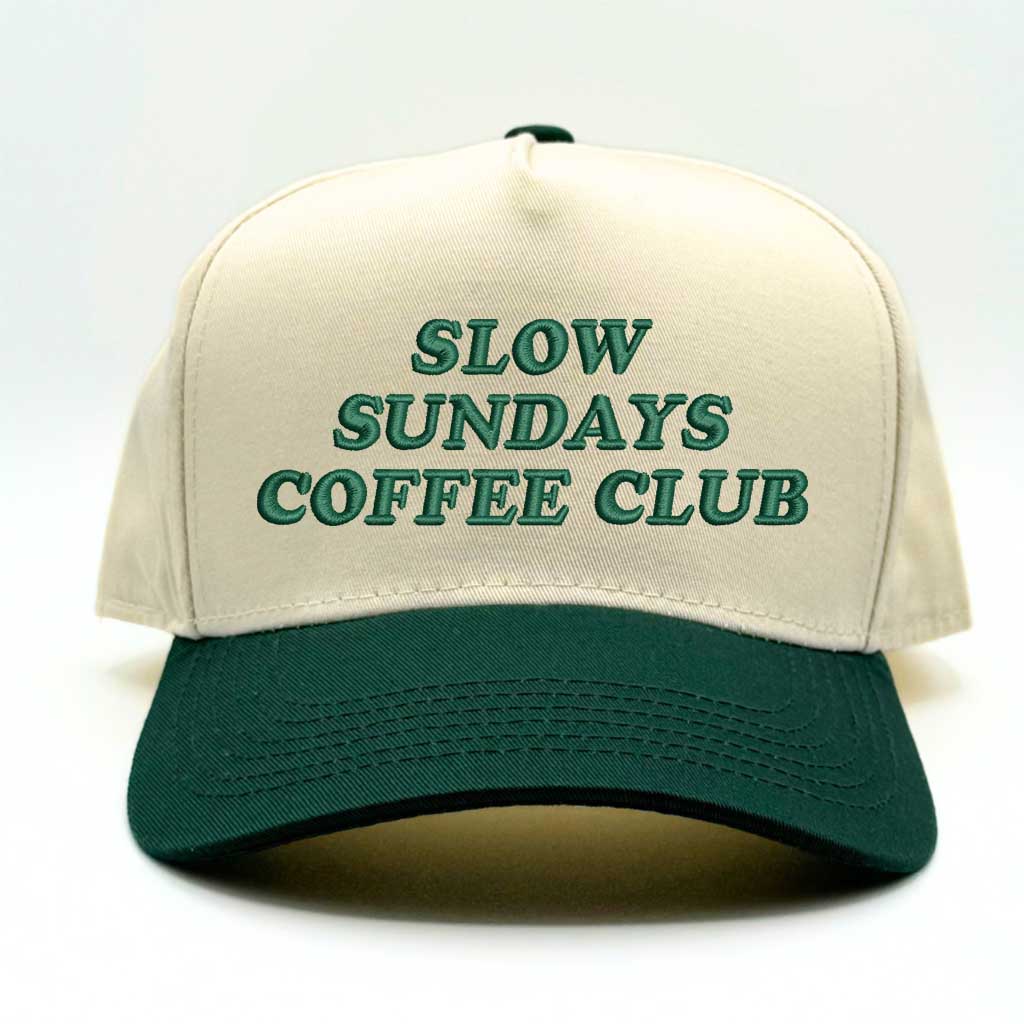 Natural Forest Green Slow Sunday Coffee Club Two-Tone 5-Panel Embroidered Baseball Hat with stylish stitching, a structured fit, and an adjustable hook-and-loop closure—DSY Lifestyle
