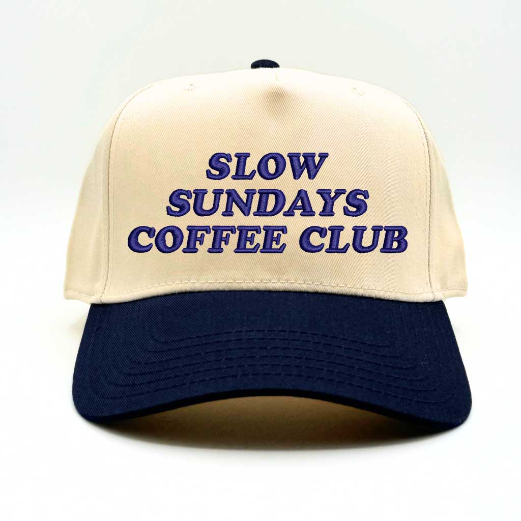 Natural Navy Slow Sunday Coffee Club Two-Tone 5-Panel Embroidered Baseball Hat with stylish stitching, a structured fit, and an adjustable hook-and-loop closure—DSY Lifestyle