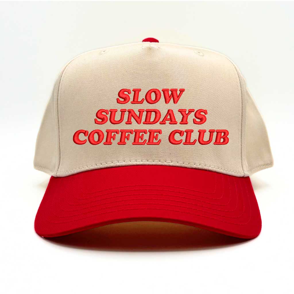 Natural Red Slow Sunday Coffee Club Two-Tone 5-Panel Embroidered Baseball Hat with stylish stitching, a structured fit, and an adjustable hook-and-loop closure—DSY Lifestyle