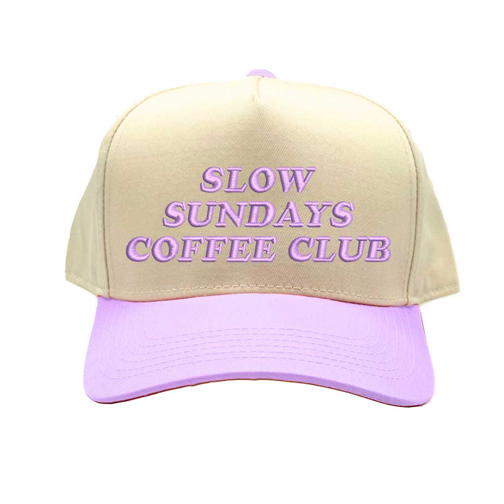 Natural Lavender Slow Sundays Coffee Club Two-Tone Spring 5-Panel Embroidered Baseball Hat with premium stitching, a relaxed two-tone design, and an adjustable hook-and-loop closure—DSY Lifestyle