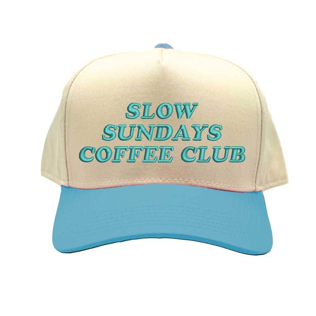 Natural Aqua Slow Sundays Coffee Club Two-Tone Spring 5-Panel Embroidered Baseball Hat with premium stitching, a relaxed two-tone design, and an adjustable hook-and-loop closure—DSY Lifestyle