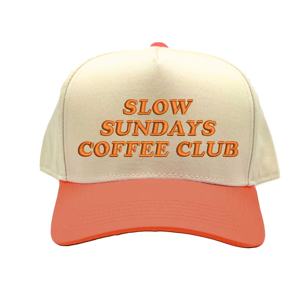 Natural Texas Orange Slow Sundays Coffee Club Two-Tone Spring 5-Panel Embroidered Baseball Hat with premium stitching, a relaxed two-tone design, and an adjustable hook-and-loop closure—DSY Lifestyle