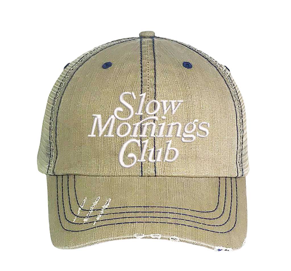 Beige distressed Trucker cap embroidered with Slow Mornings Club DSY Lifestyle