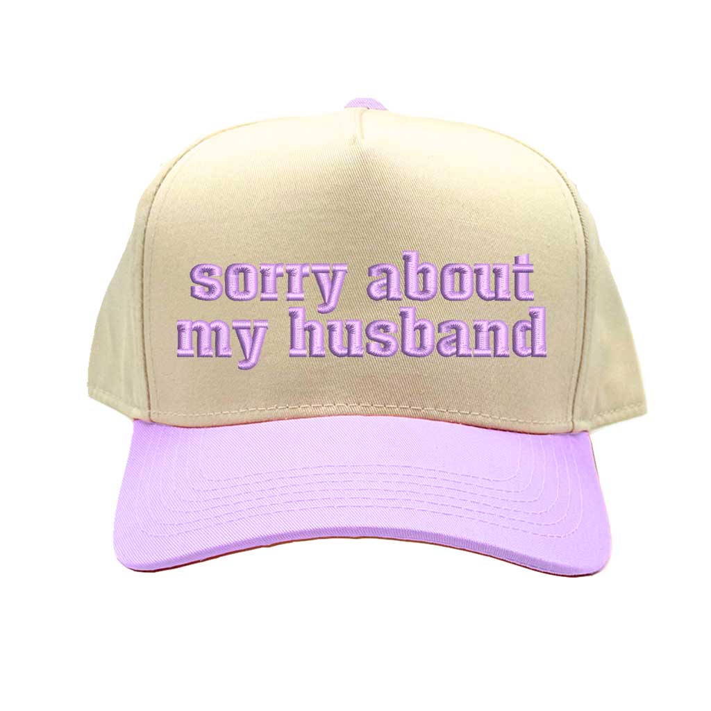 Natural Lavender “Sorry About My Husband” two-tone embroidered 5-panel baseball hat for women, featuring a structured fit and adjustable strap. – DSY Lifestyle.