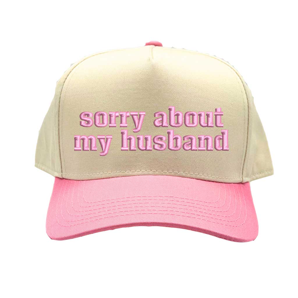 Natural Light Pink “Sorry About My Husband” two-tone embroidered 5-panel baseball hat for women, featuring a structured fit and adjustable strap. – DSY Lifestyle.