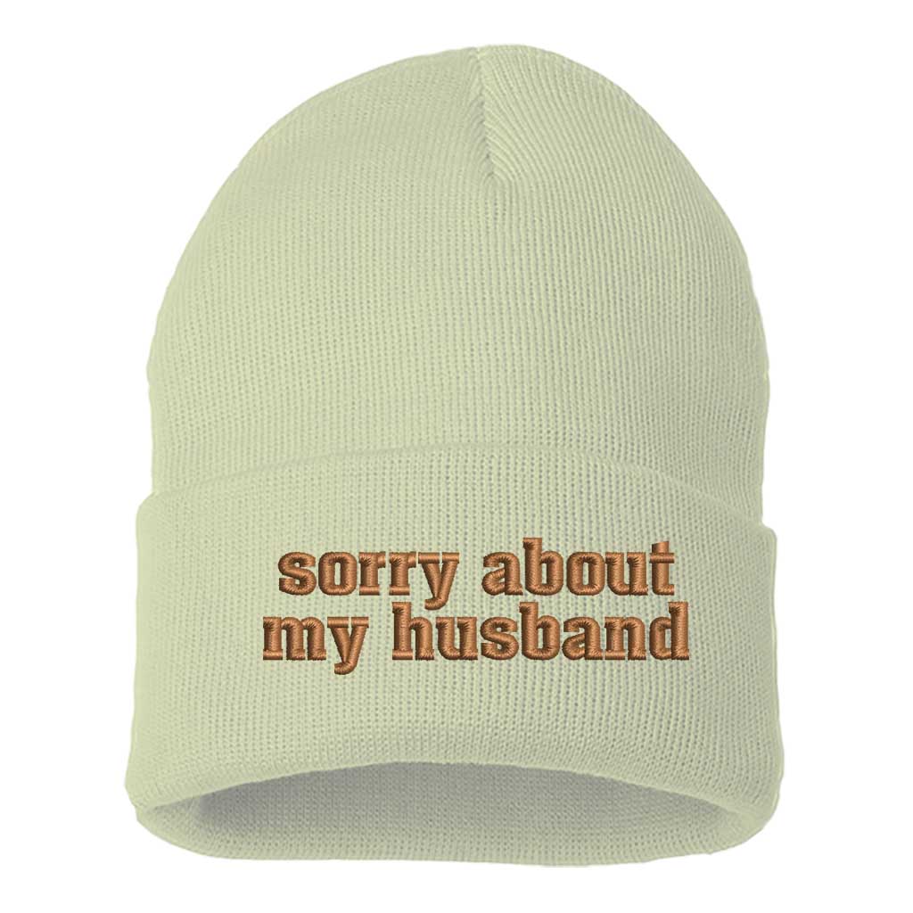 Cream/Brown thread beanie embroidered with the phrase sorry about my husband-DSY Lifestyle