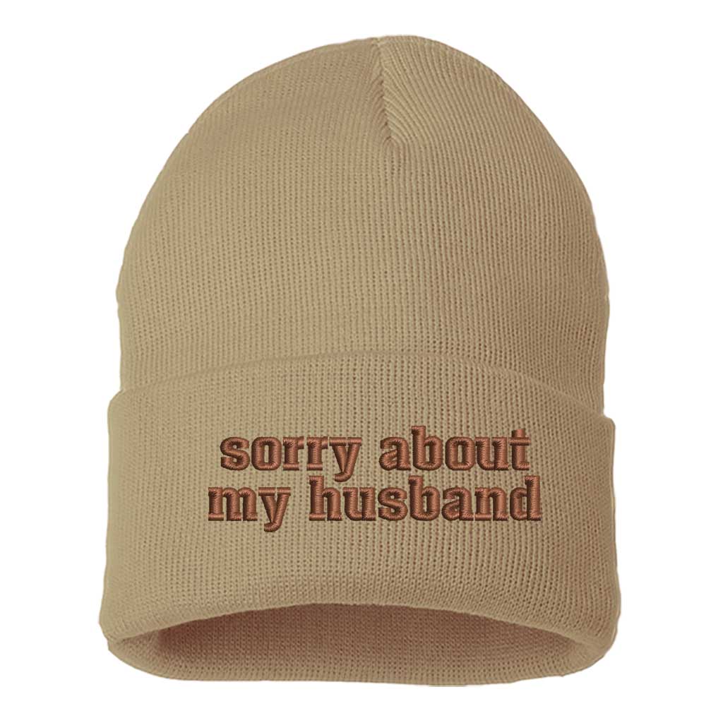 Khaki/Brown thread beanie embroidered with the phrase sorry about my husband-DSY Lifestyle