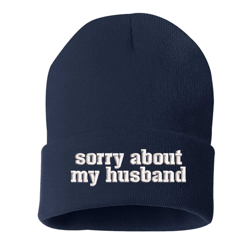 Navy beanie embroidered with the phrase sorry about my husband-DSY Lifestyle