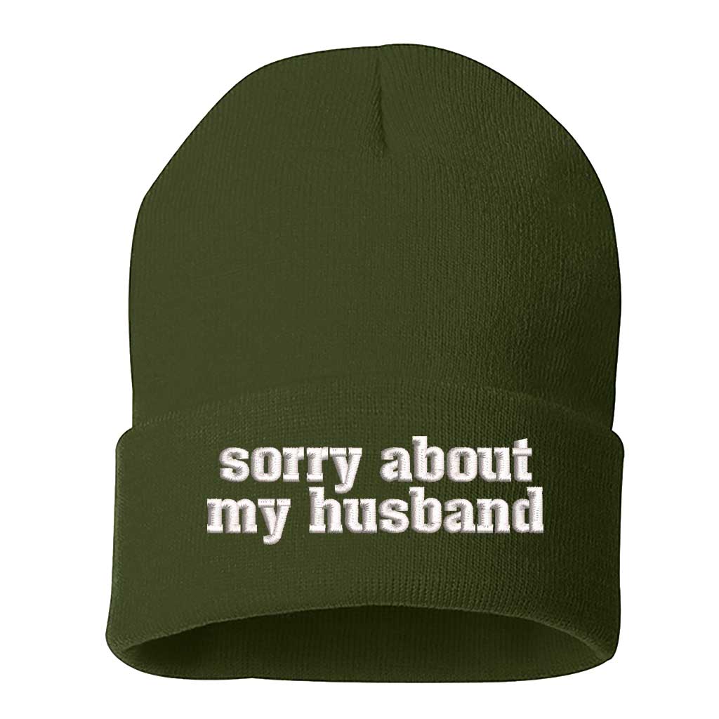 Olive beanie embroidered with the phrase sorry about my husband-DSY Lifestyle