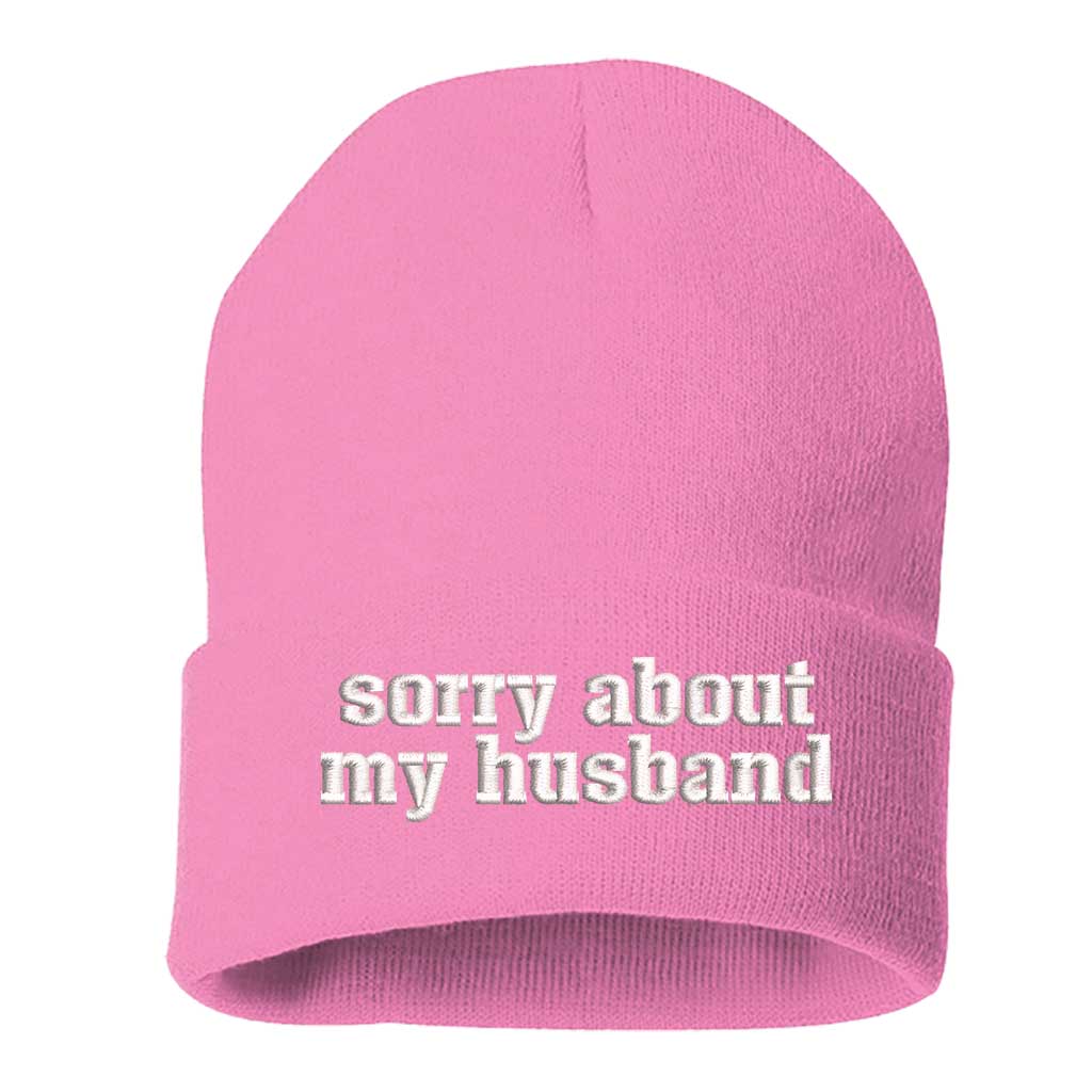 Pink beanie embroidered with the phrase sorry about my husband-DSY Lifestyle