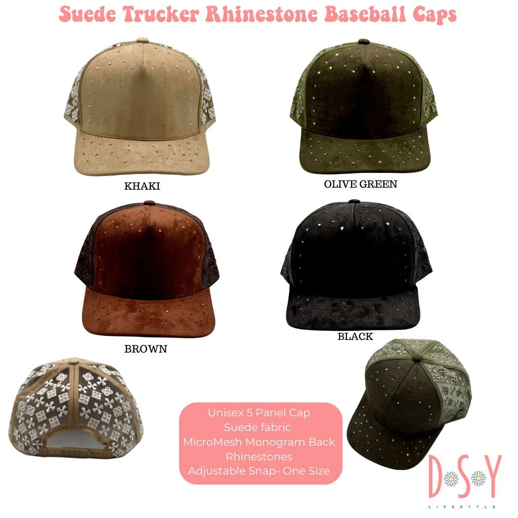 Suede Trucker hat color chart - DSY Lifestyle hats available in Khaki, olive green, brown and black
