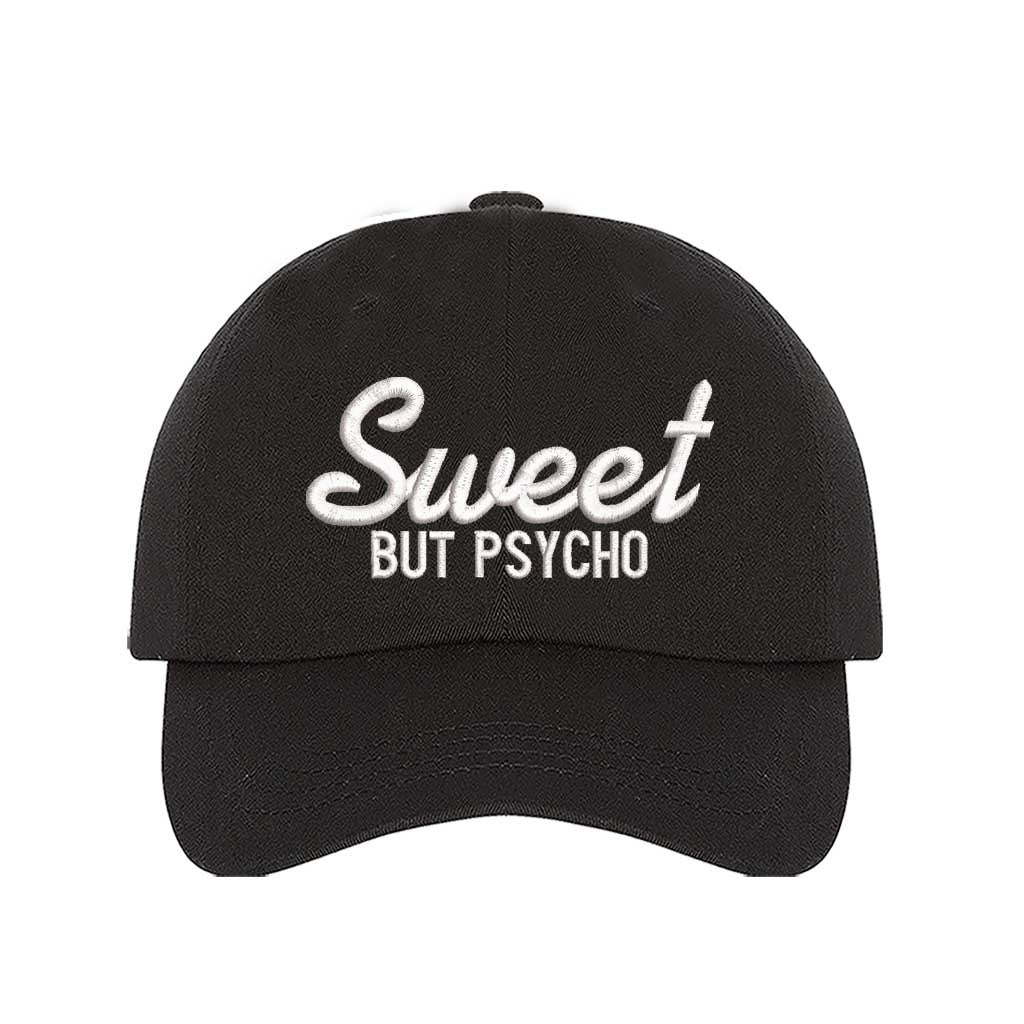 Black Close-up of a DSY Lifestyle baseball hat with "Sweet But Psycho" embroidered in a clean, modern font; a funny statement gift for her.