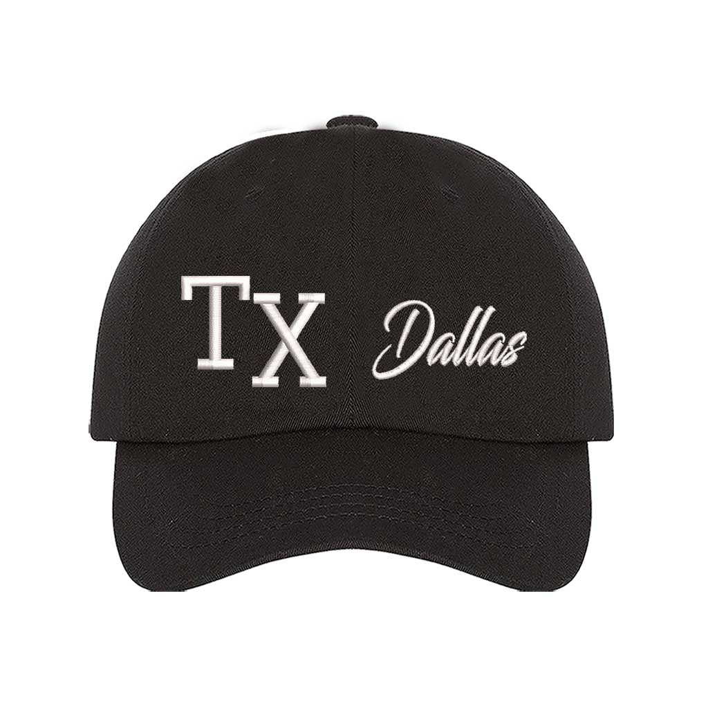 Black TX 3D Dallas embroidered baseball cap with bold lettering, a curved brim, and adjustable fit. A stylish and versatile hat for everyday wear - DSY Lifestyle