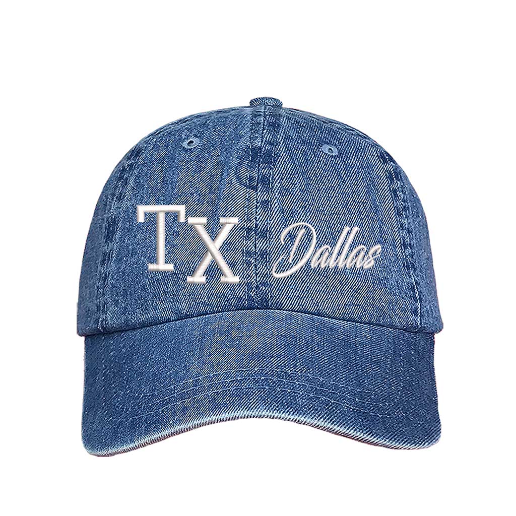 Light Denim TX 3D Dallas embroidered baseball cap with bold lettering, a curved brim, and adjustable fit. A stylish and versatile hat for everyday wear - DSY Lifestyle