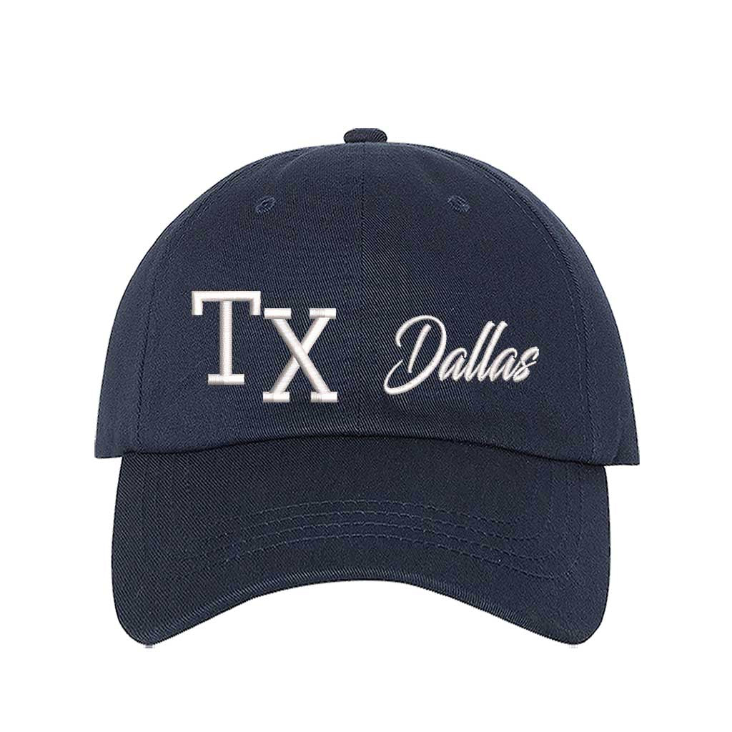 Navy Blue TX 3D Dallas embroidered baseball cap with bold lettering, a curved brim, and adjustable fit. A stylish and versatile hat for everyday wear - DSY Lifestyle