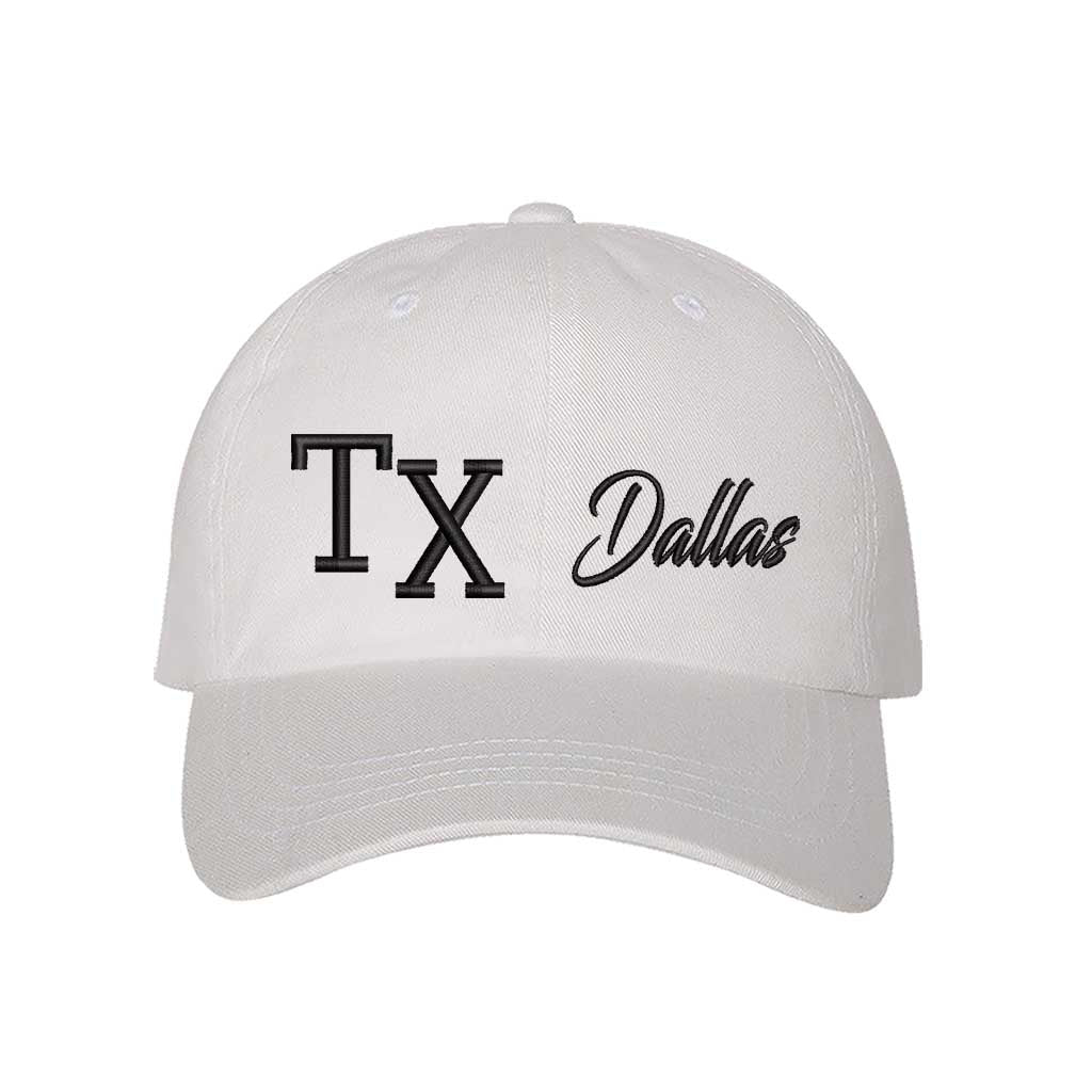 White with black thread TX 3D Dallas embroidered baseball cap with bold lettering, a curved brim, and adjustable fit. A stylish and versatile hat for everyday wear - DSY Lifestyle