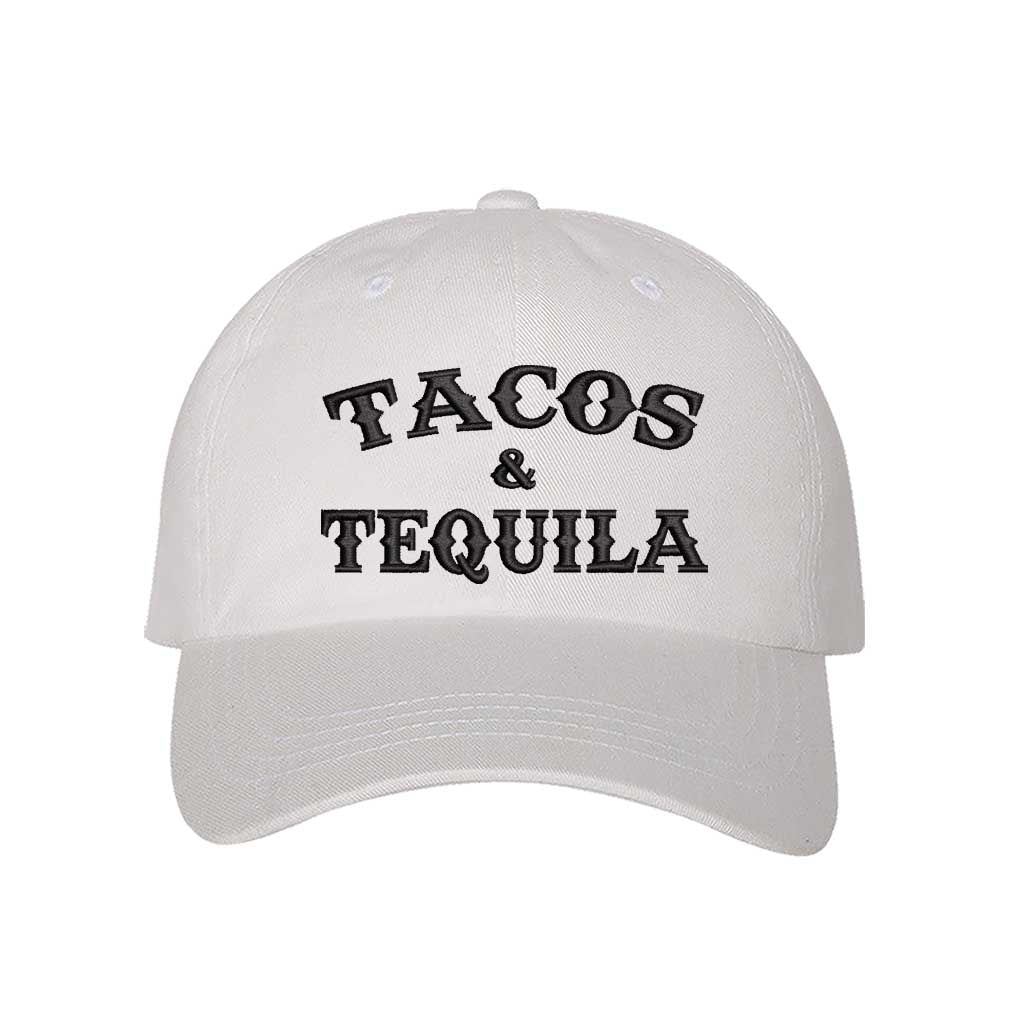 White baseball hat embroidered with the phrase tacos $ tequila-DSY Lifestyle