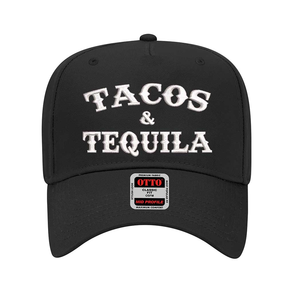 Black solid 5 panel baseball hat embroidered with the phrase tacos & tequila-DSY Lifestyle
