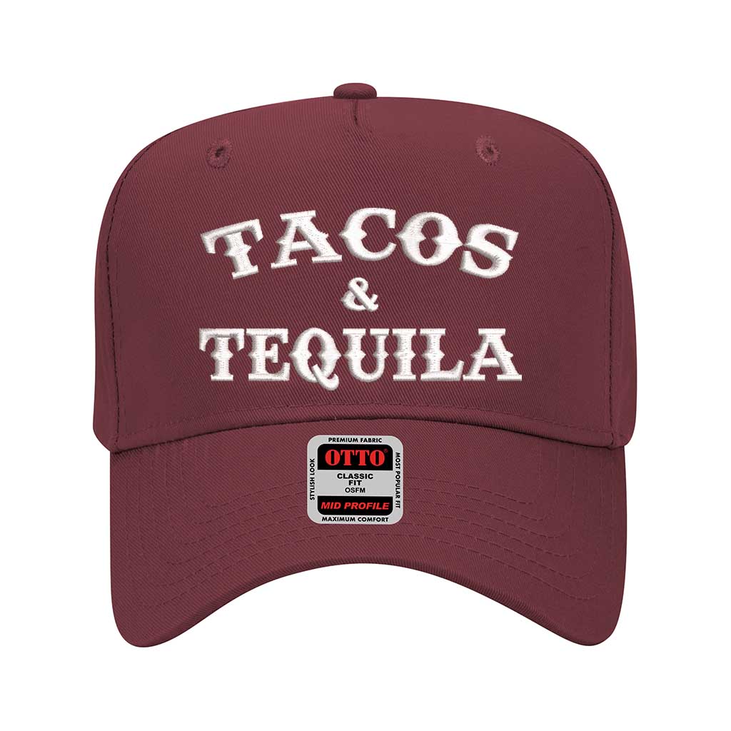 Burgundy solid 5 panel baseball hat embroidered with the phrase tacos & tequila-DSY Lifestyle