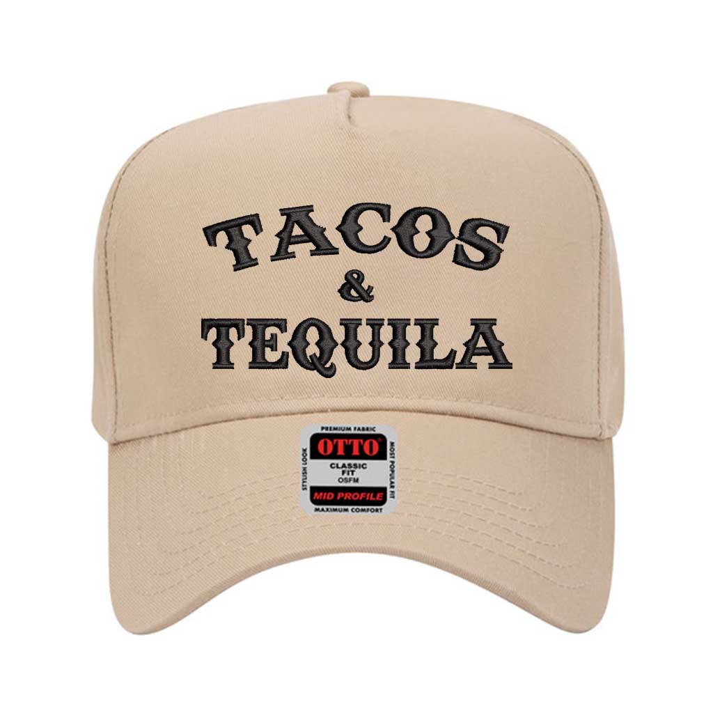 Khaki solid 5 panel baseball hat embroidered with the phrase tacos & tequila-DSY Lifestyle