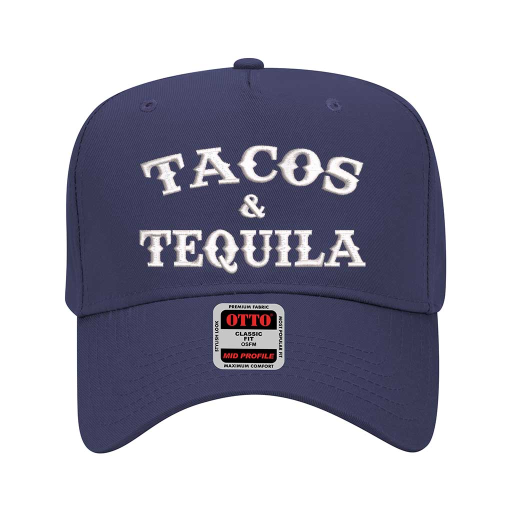Navy solid 5 panel baseball hat embroidered with the phrase tacos & tequila-DSY Lifestyle