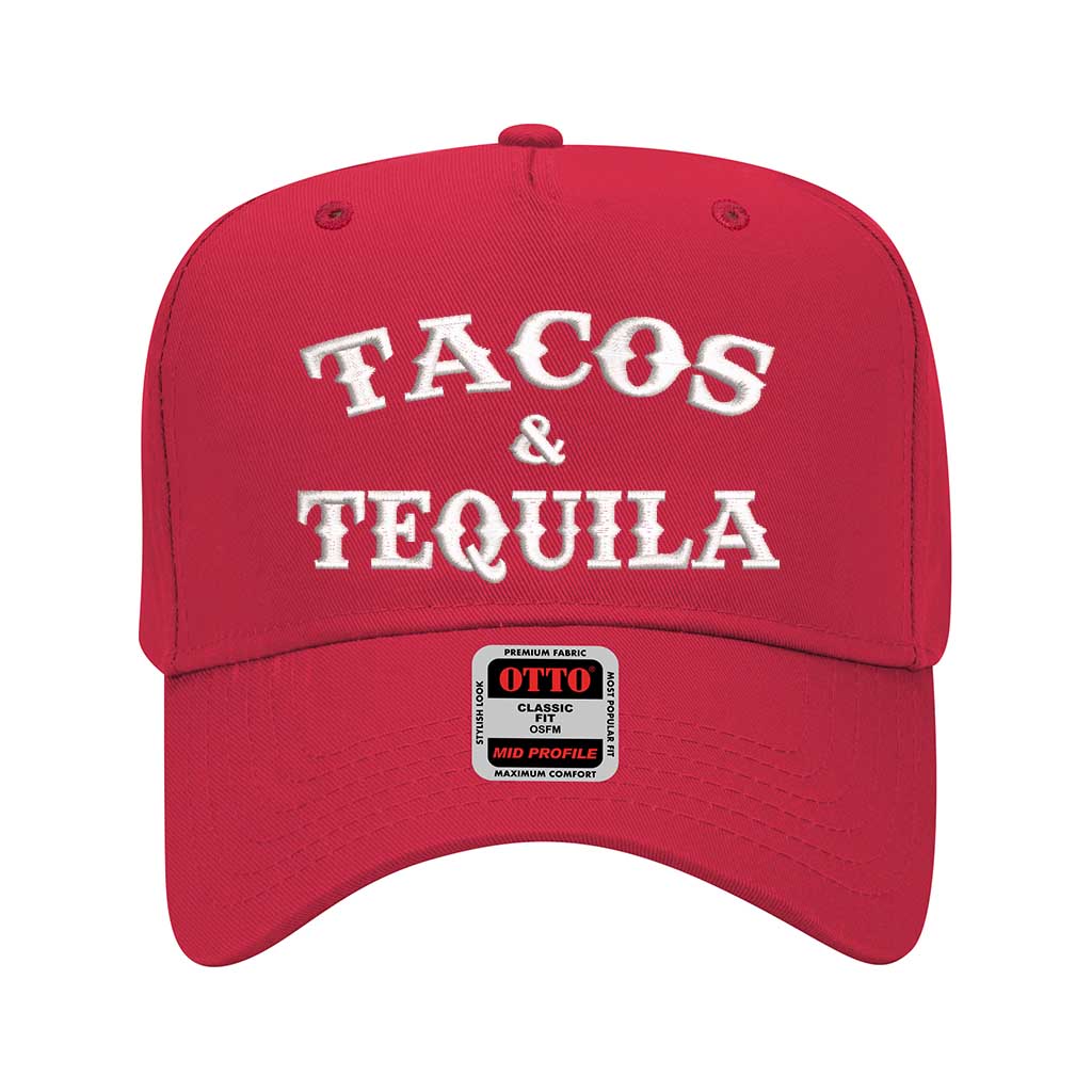 Red solid 5 panel baseball hat embroidered with the phrase tacos & tequila-DSY Lifestyle