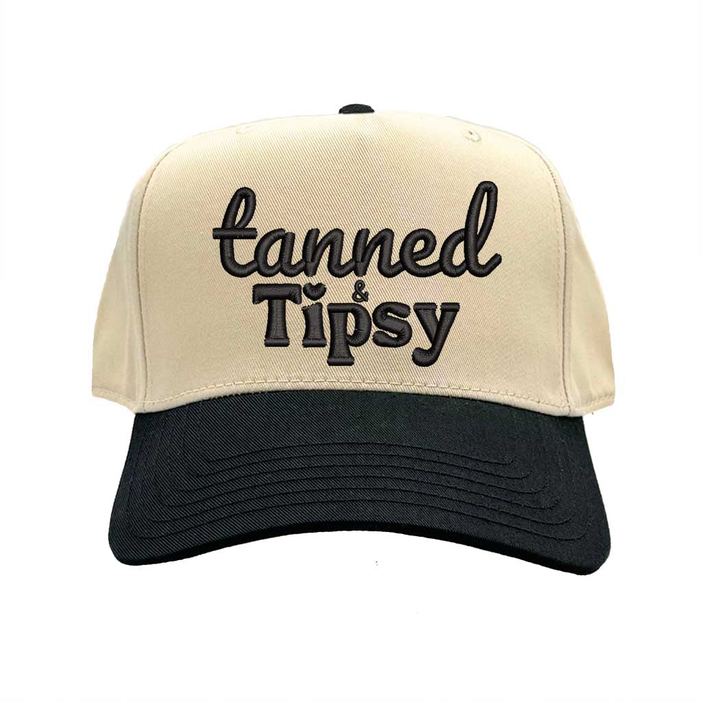 Natural Black Tanned and Tipsy two-tone 5-panel baseball cap with embroidered lettering, curved brim, and adjustable strap—ideal for summer vacations and parties. - DSY Lifestyle.