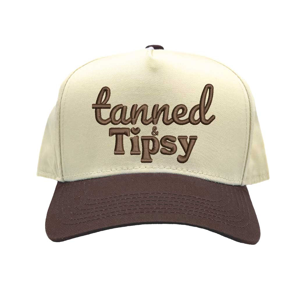 Natural Brown Tanned and Tipsy two-tone 5-panel baseball cap with embroidered lettering, curved brim, and adjustable strap—ideal for summer vacations and parties. - DSY Lifestyle.