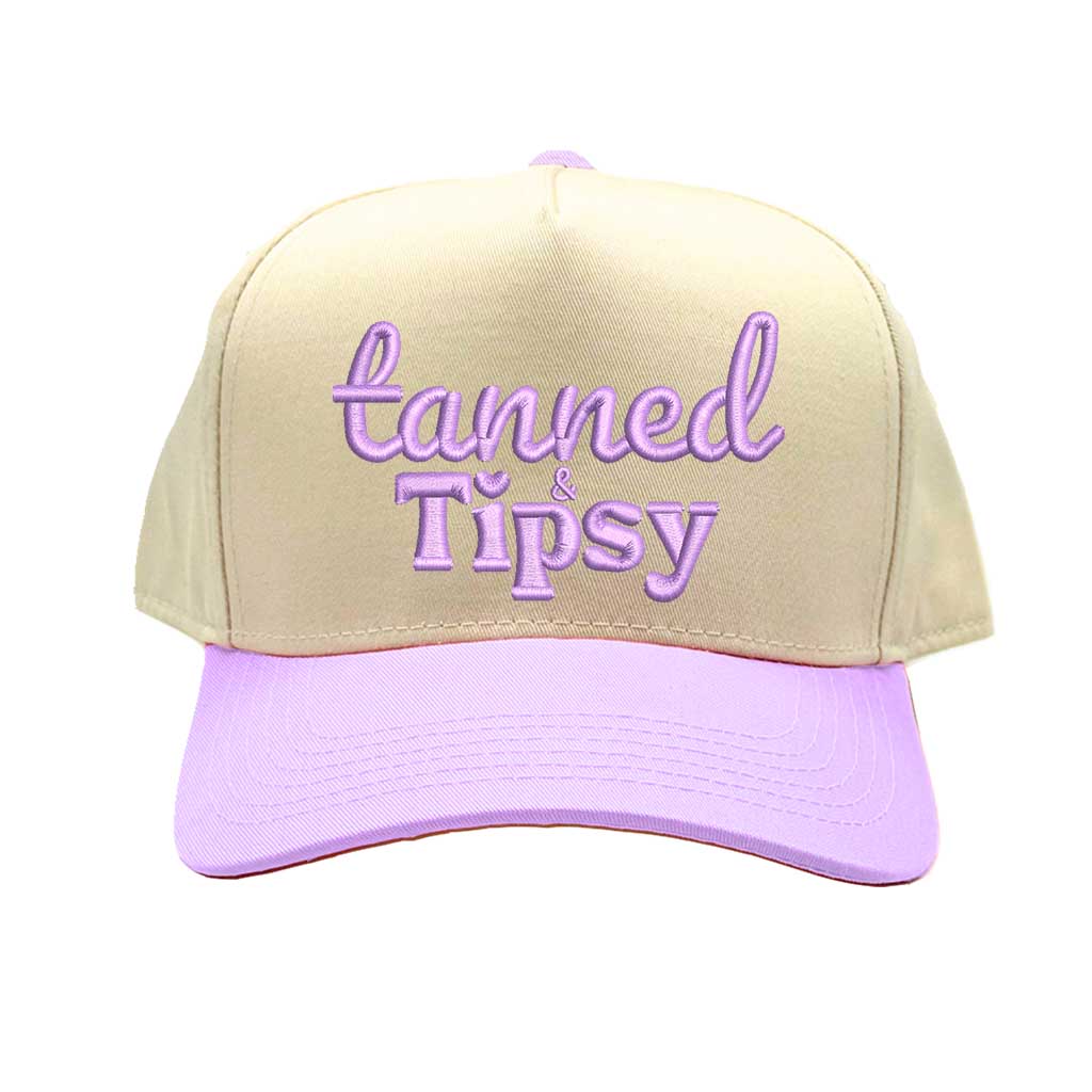 Natural Lavender Tanned and Tipsy two-tone 5-panel baseball cap with embroidered lettering, curved brim, and adjustable strap—ideal for summer vacations and parties. - DSY Lifestyle.