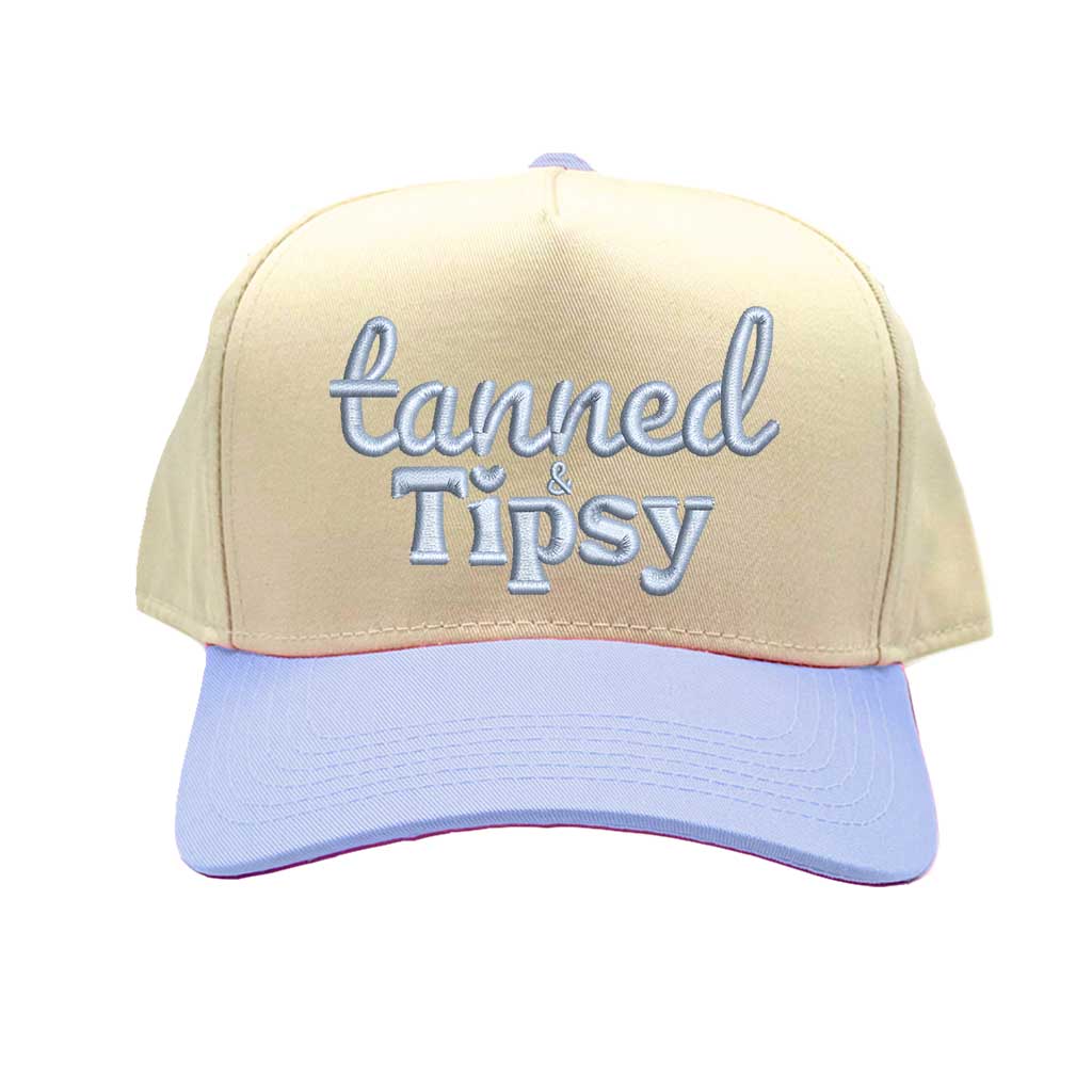 Natural Sky Blue Tanned and Tipsy two-tone 5-panel baseball cap with embroidered lettering, curved brim, and adjustable strap—ideal for summer vacations and parties. - DSY Lifestyle.