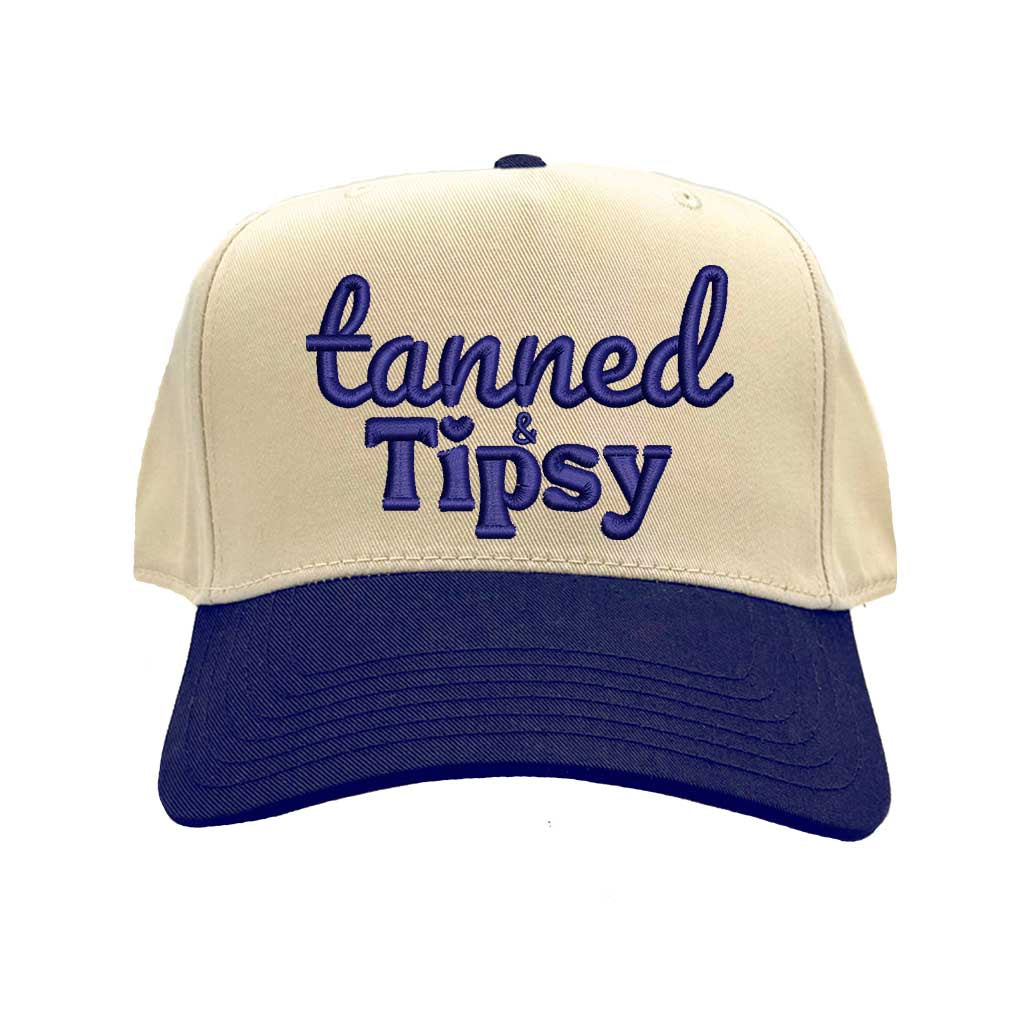 Natural Navy Blue Tanned and Tipsy two-tone 5-panel baseball cap with embroidered lettering, curved brim, and adjustable strap—ideal for summer vacations and parties. - DSY Lifestyle.