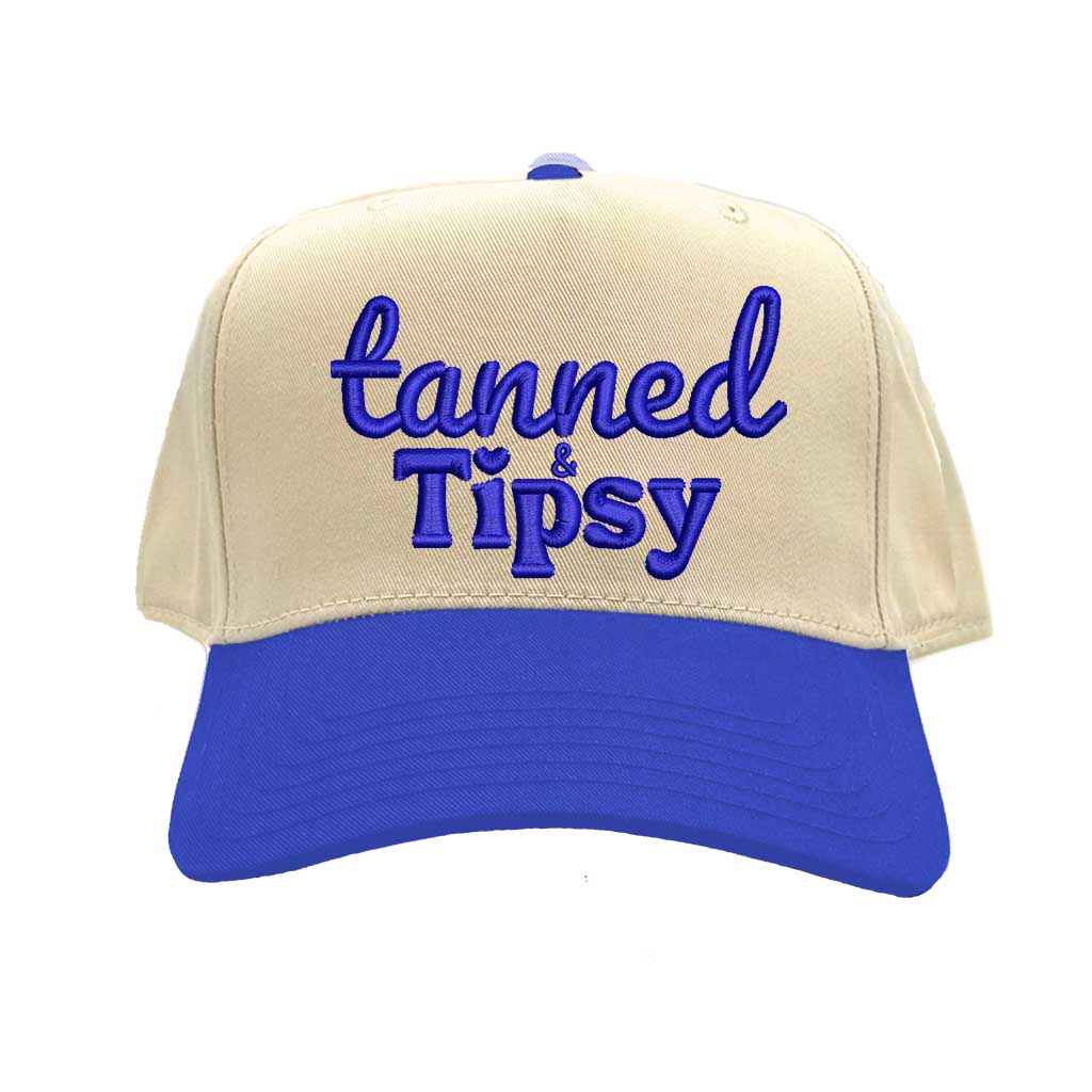 Natural Royal Blue Tanned and Tipsy two-tone 5-panel baseball cap with embroidered lettering, curved brim, and adjustable strap—ideal for summer vacations and parties. - DSY Lifestyle.