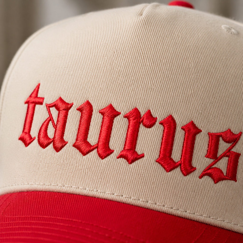 Closeup view of Natural Red Taurus zodiac embroidered baseball hat for women. Two tone statement caps for effortless outfits and everyday street style. - DSY Lifestyle.