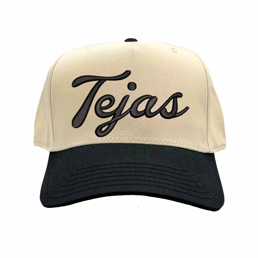 Natural Black Tejas 3D puff embroidered 5-panel baseball hat with two-tone design and adjustable snapback closure – DSY Lifestyle