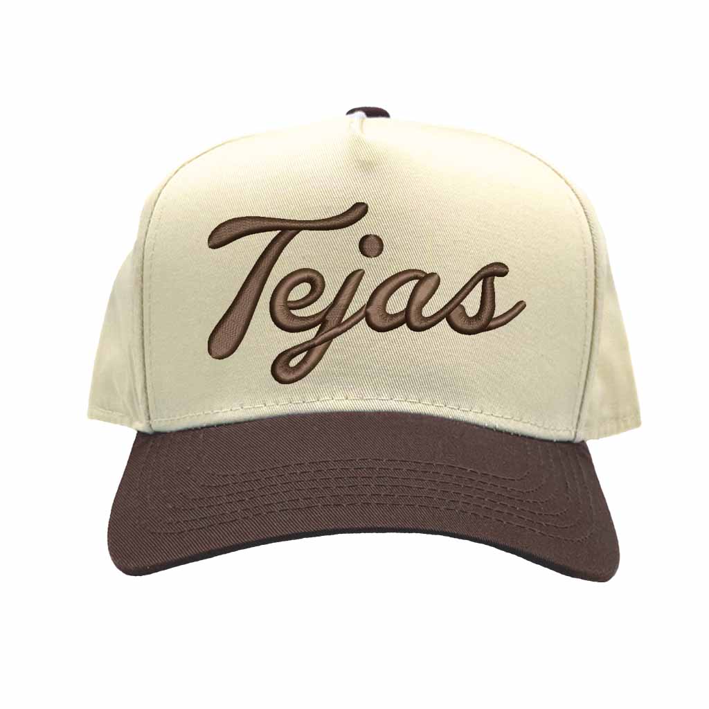 Natural Brown Tejas 3D puff embroidered 5-panel baseball hat with two-tone design and adjustable snapback closure – DSY Lifestyle
