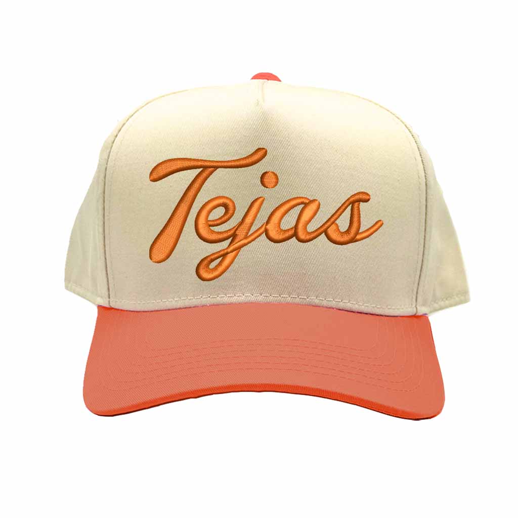 Natural Texas Orange Tejas 3D puff embroidered 5-panel baseball hat with two-tone design and adjustable snapback closure – DSY Lifestyle