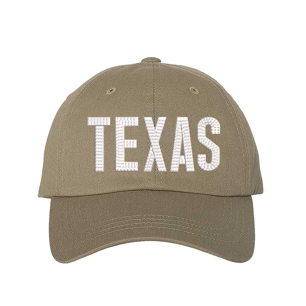 Khaki Texas chainstitched embroidered baseball hat with Texas map design. A statement baseball hat for women who love Texas pride, street style, and effortless outfits. - DSY Lifestyle