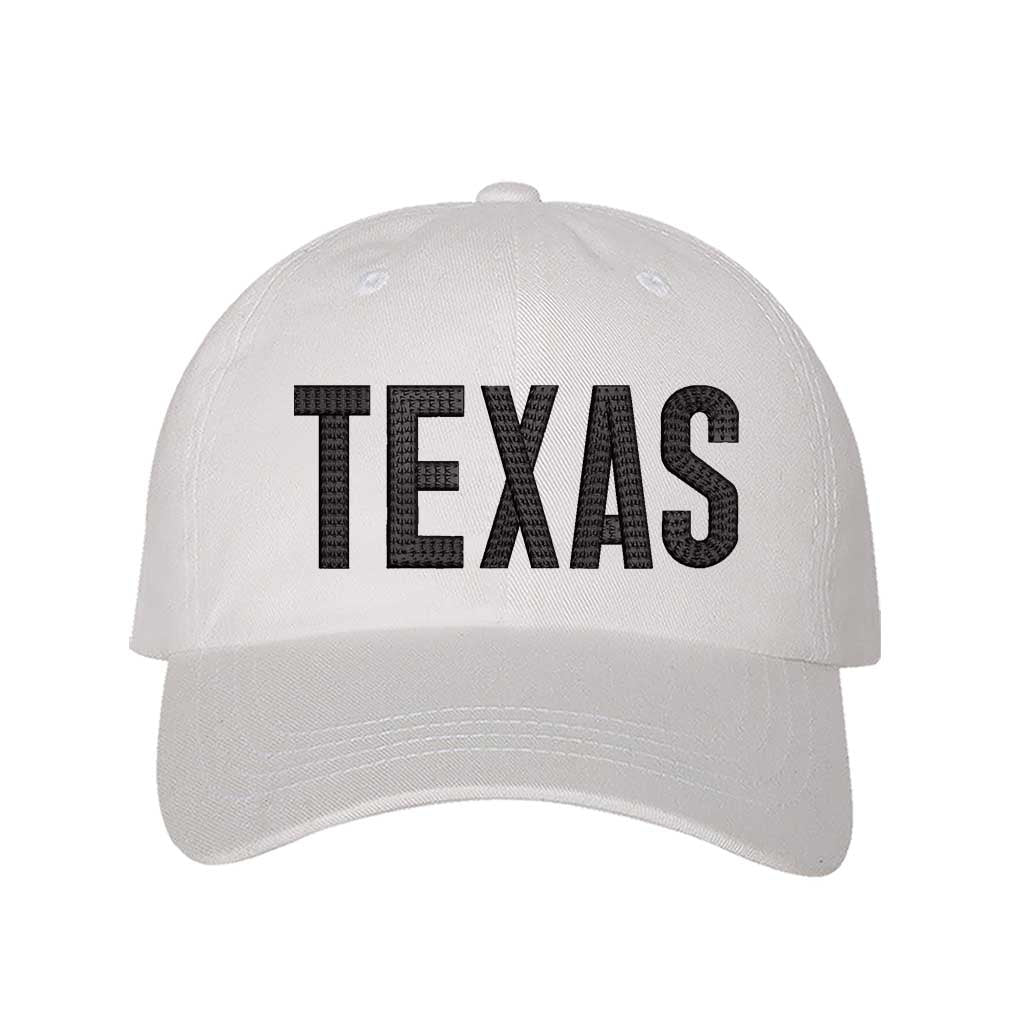 White with black thread Texas chainstitched embroidered baseball hat with Texas map design. A statement baseball hat for women who love Texas pride, street style, and effortless outfits. - DSY Lifestyle