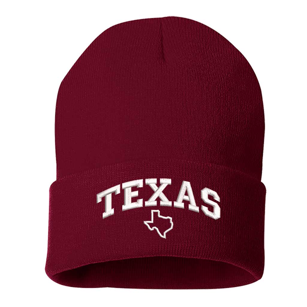 Burgundy beanie embroidered with the word texas and a map of it-DSY Lifestyle