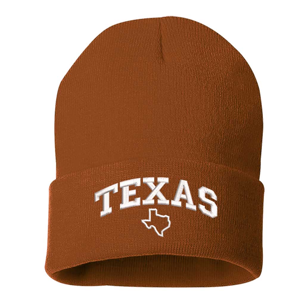 Texas orange beanie embroidered with the word texas and a map of it-DSY Lifestyle