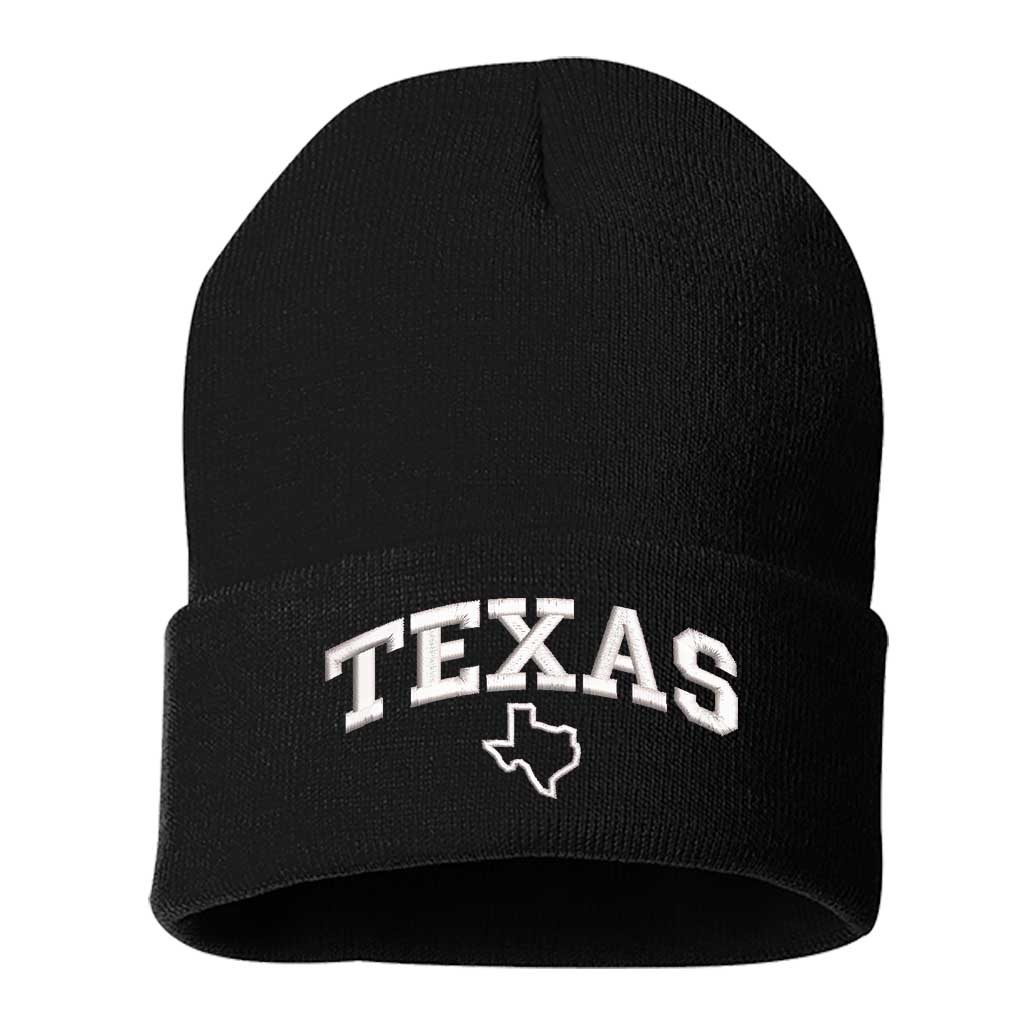 Black beanie embroidered with the word texas and a map of it-DSY Lifestyle