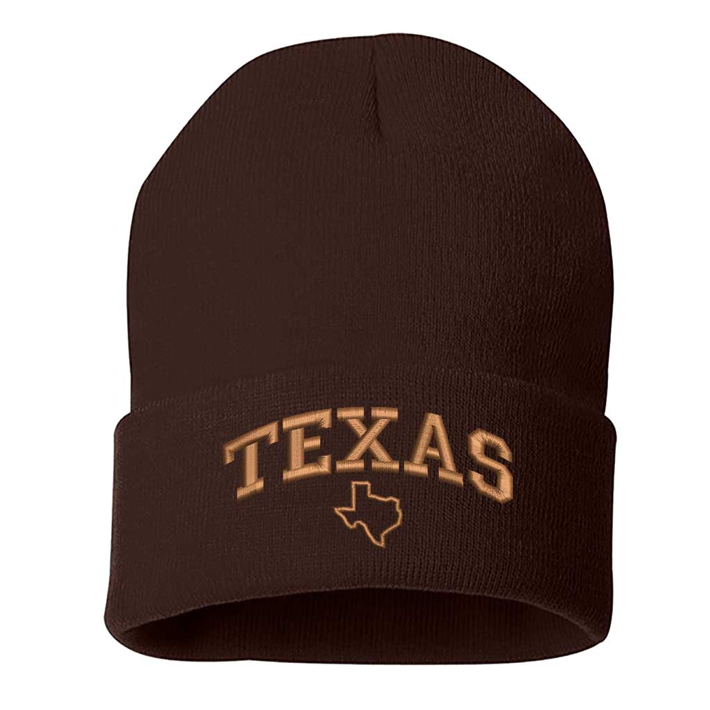 Brown/Brown thread beanie embroidered with the word texas and a map of it-DSY Lifestyle