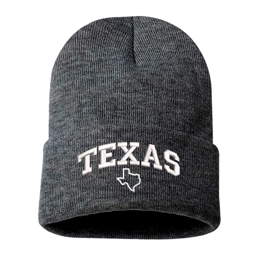 Charcoal Gray beanie embroidered with the word texas and a map of it-DSY Lifestyle