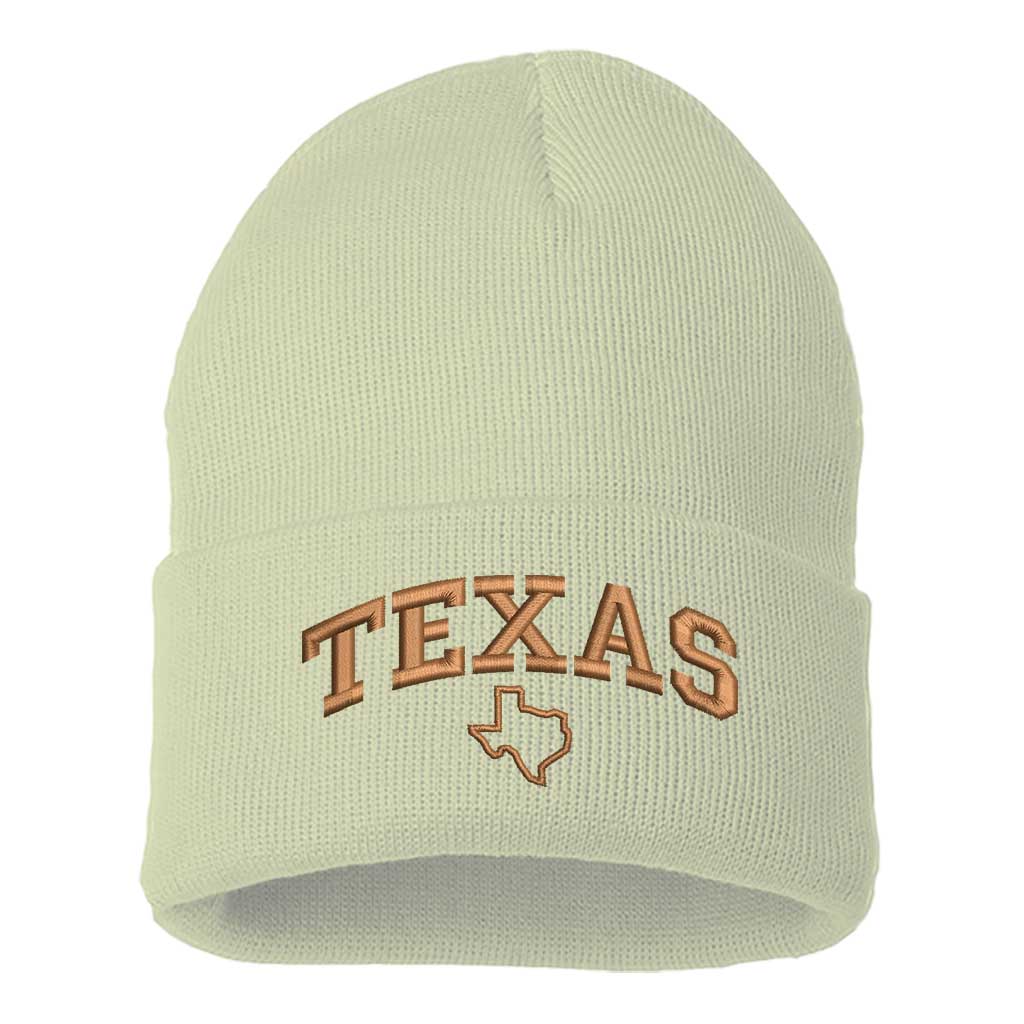 Cream/Brown Thread beanie embroidered with the word texas and a map of it-DSY Lifestyle