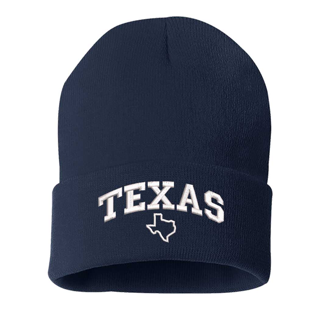 Navy beanie embroidered with the word texas and a map of it-DSY Lifestyle