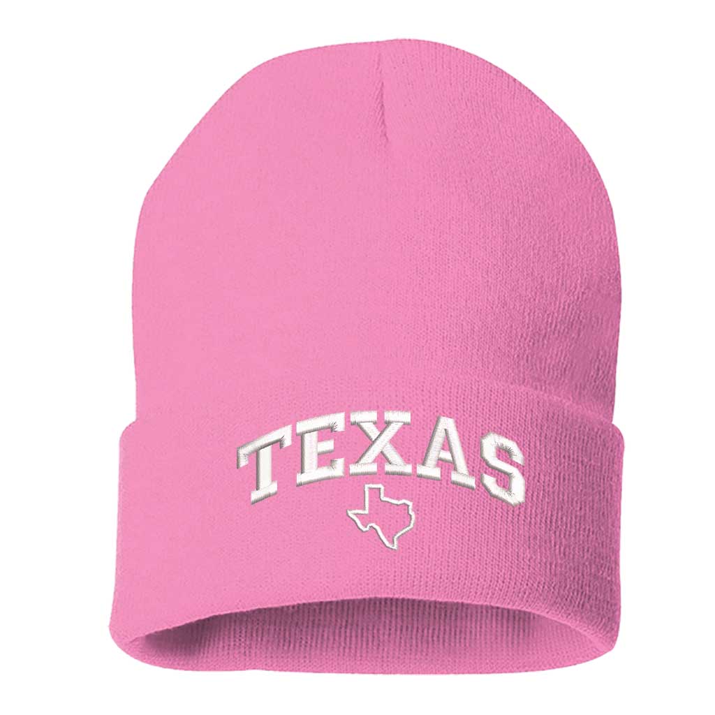 Pink beanie embroidered with the word texas and a map of it-DSY Lifestyle