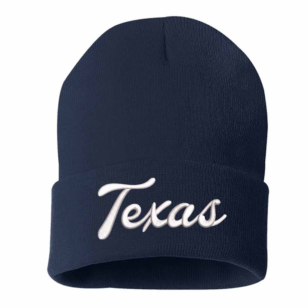 Navy Blue Texas Western embroidered beanie featuring soft knit material and bold Western text design – DSY Lifestyle